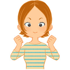 両手ガッツポーズでやる気あふれる若いカジュアル女性・主婦