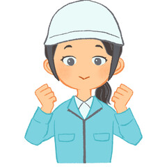 両手ガッツポーズでやる気あふれる女性作業員