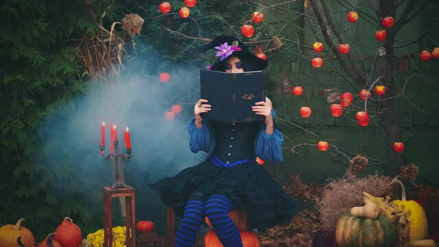 Mysterious fantasy woman sits, covers hide face behind book. Witch girl reads. Candles burning, smoke flowing. Blue creative vintage halloween holiday dress, black cone hat. Bare tree red apples