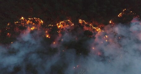 Aerial panoramic view of a forest fire at night, heavy smoke causes air pollution, and fire in full...