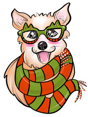 bright illustration with a dog corgi puppy holiday cartoon style children's poster new year's scarf and glasses in christmas colors green and red close-up on a white background