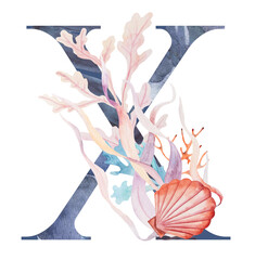 Blue capital letter X decorated with watercolor seaweeds, corals and seashells illustration.