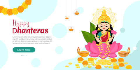 Goddess Lakshmi sitting on the lotus with of money and flowers in her hands. Design for holiday banner template. Traditional Indian festivals. Vector cartoon illustration.
