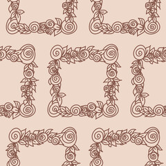 Square frame with rose and leaf, beige pastel color seamless pattern