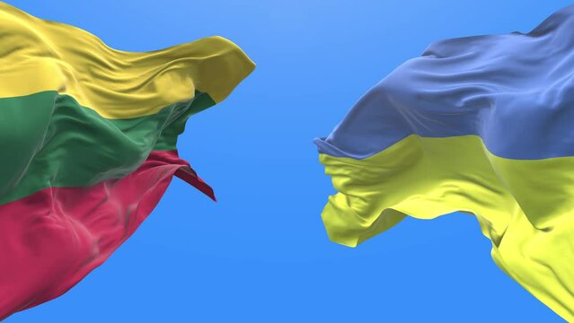 Ukraine and Lithuania waving flag. Ukrainian symbol. 4k.