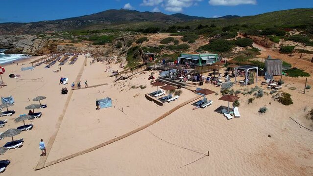 A nice circular view from Guincho beach with a bar on beach,Cascais,Portugal