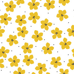 Simple vintage pattern. yellow  flowers, black dots. white background. Fashionable print for textiles and wallpaper.