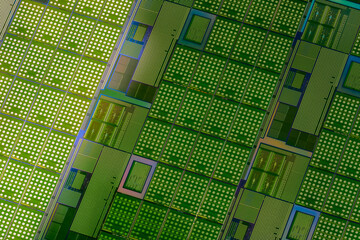 Silicon monocrystalline wafer with microchips after photolithography etching manufacturing used in...