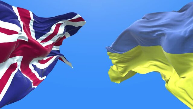 Ukraine and UK waving flag. Ukrainian symbol. 4k.