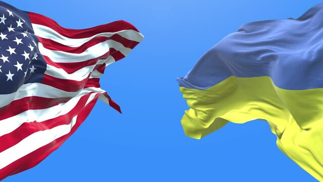 Ukraine and USA waving flag. Ukrainian symbol. 4k.