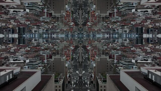 Forwards fly above buildings in urban borough in metropolis, symmetrical footage. Abstract computer effect digital composed footage