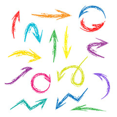 Set of hand drawn wax crayon fun colorful arrows. Hand painting design elements. Vector collection on white background.