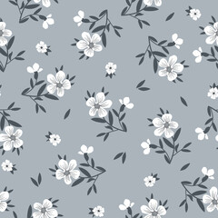 Simple vintage pattern. white flowers, dark grey leaves. light grey background. Fashionable print for textiles and wallpaper.