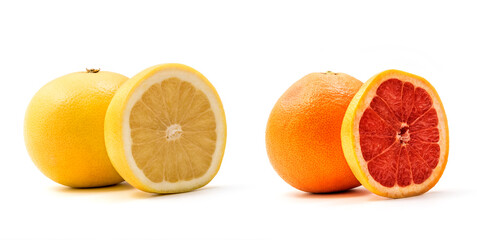 Isolated Yellow and red grapefruits. Whole Yellow and red grapefruit and slice of fresh grapefruit isolated on white background with clipping path