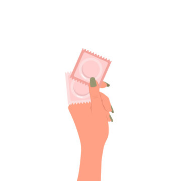 A girl is holding a pair of different flat-style condoms in her hand. Concept of contraception and birth control methods. A condom for safe sex. Vector illustration