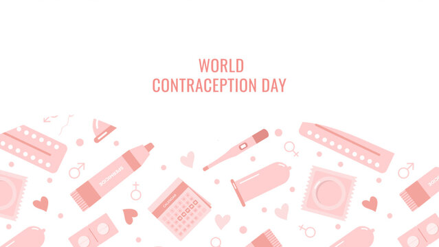 Banner, poster World Contraception Day in flat-pack style. Different types of contraception. Birth control methods, protection against disease. Vector