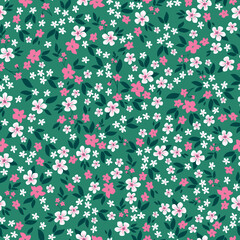 Simple vintage pattern. small white and pink flowers, dark green  leaves. green background. Fashionable print for textiles and wallpaper.