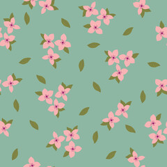 Simple vintage pattern. pink  flowers, green leaves. light green  background. Fashionable print for textiles and wallpaper.