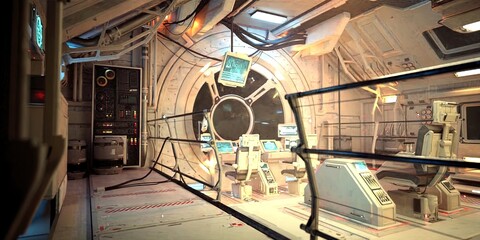 View on a command post of a futuristic spaceship with glowing screens. Sci-fi wallpaper. Photorealistic 3D illustration with high attention to detail. © Valeriy