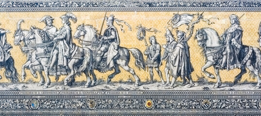 The Fürstenzug (Procession of Princes) Porcelain tiles in Dresden Germany. It is a large mosaic of a mounted procession of the rulers of Saxony.