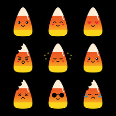 Set, collection, pack of candy corn emoji, vector cartoon style icons of candy corn, halloween sweets characters with different facial expressions, happy, sad, joyful, wearing sunglasses.