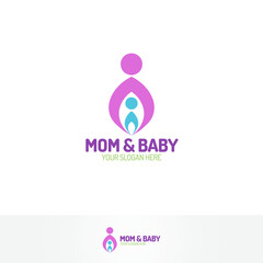 Mom and baby logo with silhouette mother and child color flat modern style for use medicine center, pregnancy yoga, family company and etc. Vector Illustration