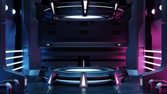 Cyberpunk sci-fi product podium showcase in empty spaceship room with blue and pink background. Cosmos space technology and entertainment object concept