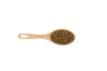 Green Mung beans in wooden spoon on white background, top view