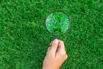 Selective focus of a hand holding a magnifying glass on artificial turf. Enlarged image of the...