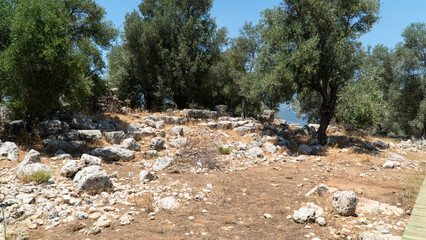 Ancient city of Kedrai in Sedir island, Turkey. Ancient ruins in Sedir island