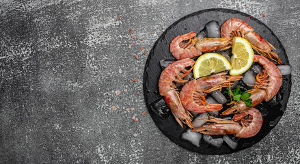 Shrimps, prawns. Seafood Red Argentine shrimps with ice, Wild shrimps, ocean jumbo shrimps. Long banner format. top view