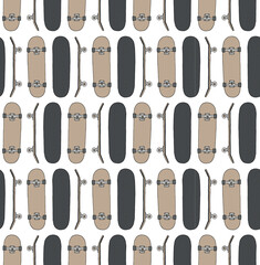 Vector seamless pattern of hand drawn doodle sketch colored skateboard isolated on white background