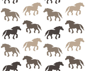 Vector seamless pattern of different color hand drawn gypsy horse silhouette isolated on white background