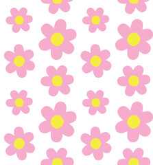 Vector seamless pattern of pink hand drawn flat flowers isolated on white background