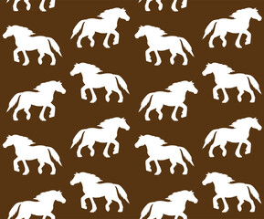 Vector seamless pattern of hand drawn gypsy horse silhouette isolated on brown background