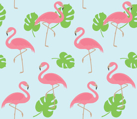 Vector seamless pattern of flat hand drawn flamingo and palm leaves isolated on blue background