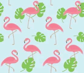 Foto auf Acrylglas Flamingo Vector seamless pattern of flat hand drawn flamingo and palm leaves isolated on blue background