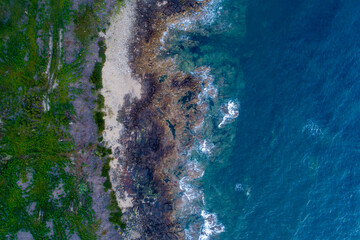 Aerial drone top view shot of rocky beach, North of Portugal