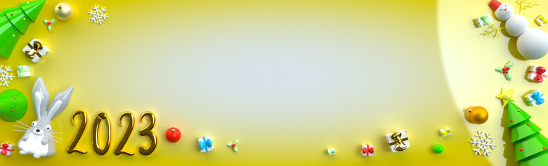 Naklejka premium Horizontal background with a hare on the theme of the new year 2023. Festive narrow background with empty space for text.