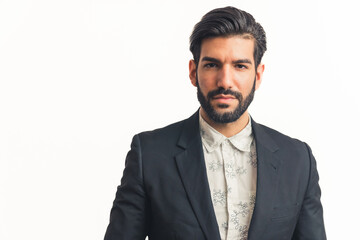 Handsome Latin businessman close up portrait, horizontal isolated white background. High quality photo