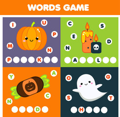 Halloween theme word game for kids and toddlers. Educational children game. Put letters in grid