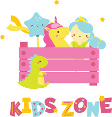 Kids zone banner with children toys in box. Vector illustration for playroom, toy shops and stores