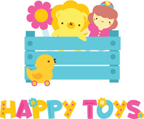banner with children toys in box. Vector illustration for playroom, toy shops and stores