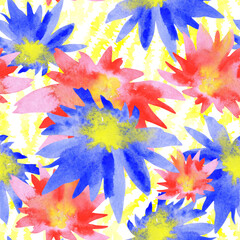 Fototapeta na wymiar Watercolor abstract flowers seamless summer pattern