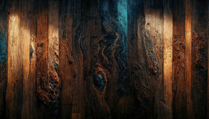 Background of old wood with epoxy resin in blue. wooden table top with blue epoxy, old boards, wood patterns, old dark wood background. 3D illustration. - obrazy, fototapety, plakaty