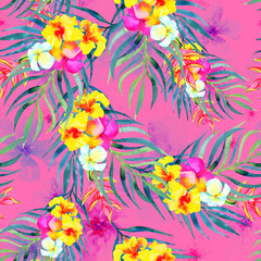 Fototapeta na wymiar Tropical flowers on a pink background, watercolor seamless floral pattern, Hawaiian garlands print