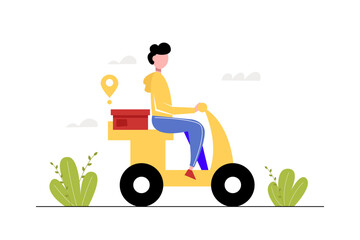 Male courier driving a scooter. Express service vector illustration.