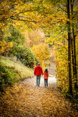 Fototapeta premium people walking in golden autumn landscape, yellow leaves in a forest or park, beautiful fall background, outdoor shot
