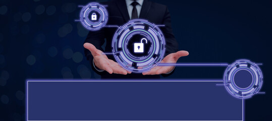 Man Holding Information Technology In Hands. Businessman Showing Lock Security System Service Steps. Digitally Generated Digital Display Security Image