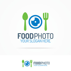 Food photo logo set with lens, fork and spoon flat color style for use photoeducation, photoschool, photolaboratory, photostudio etc. Vector Illustration